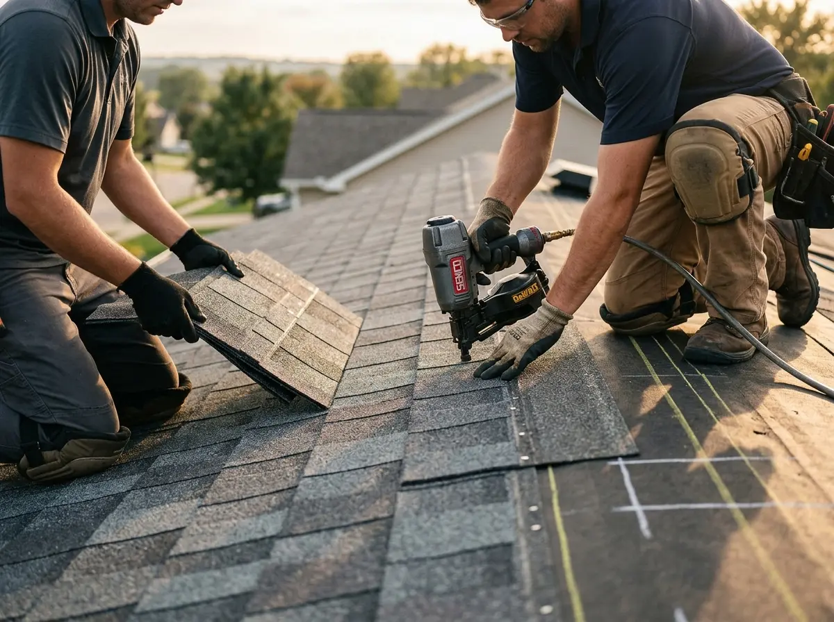 Professional roofer working on a residential roof in Quincy